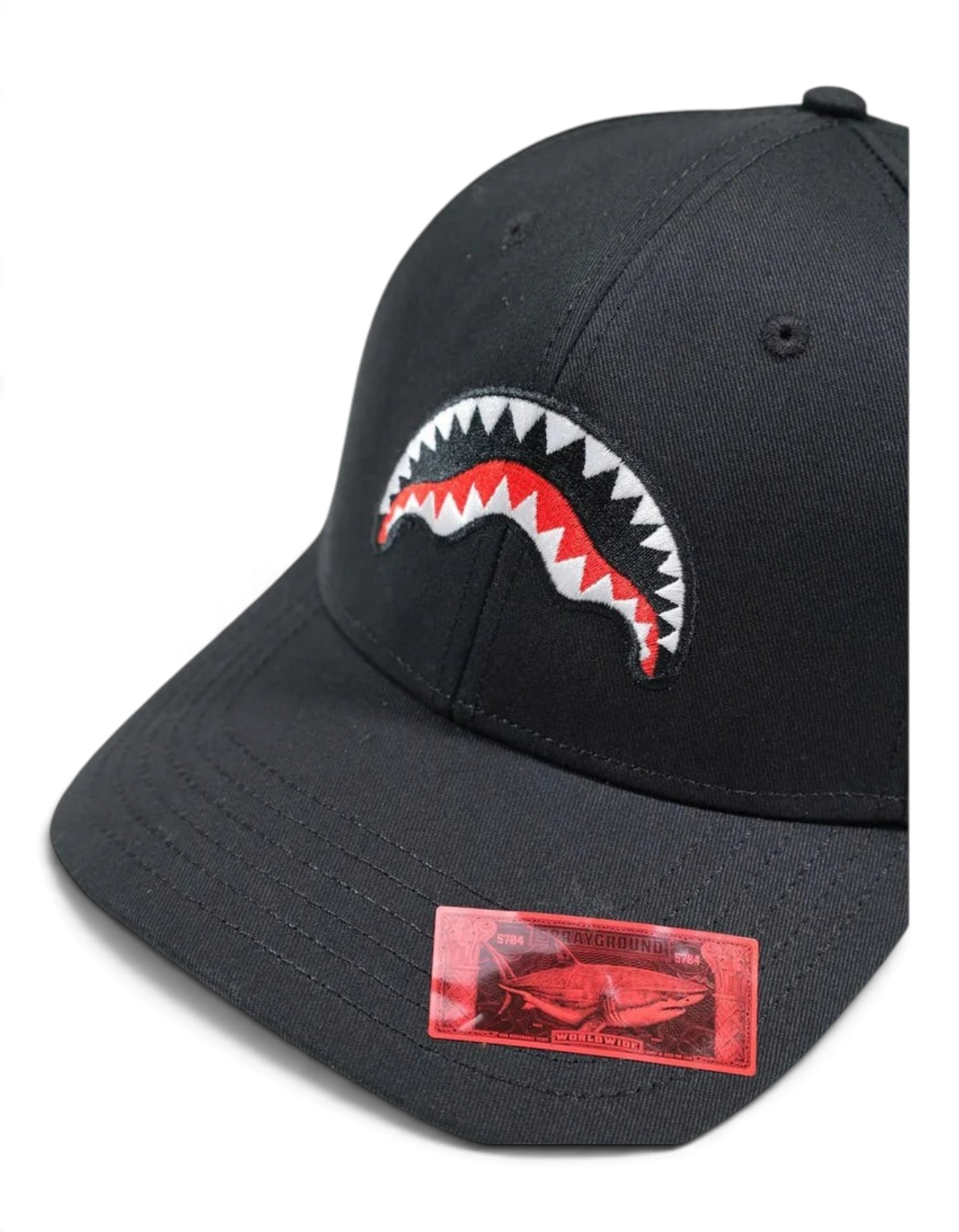 Cappellino DevidLabel Sprayground Shark nero in cotone con iconica grafica a bocca di squalo ricamata