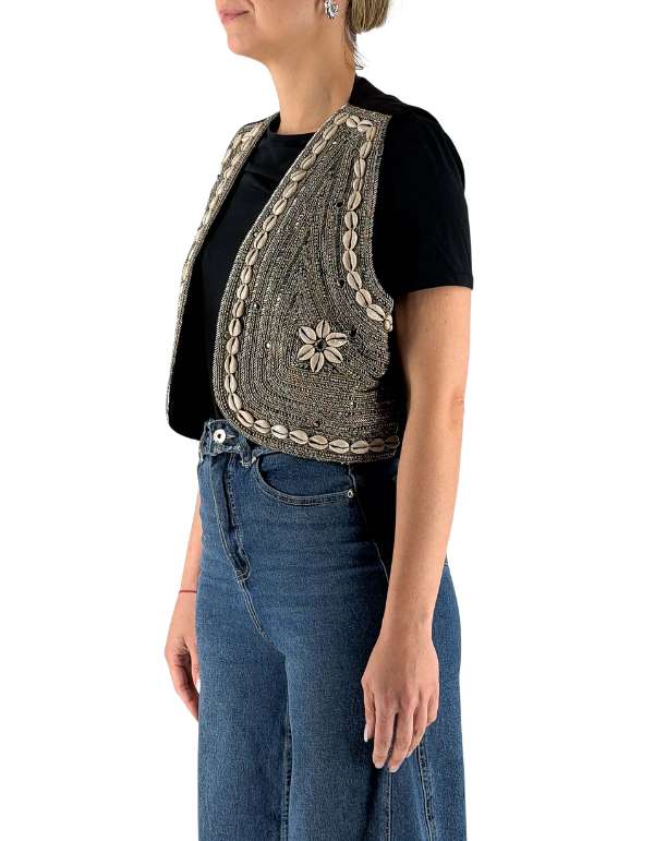 Gilet In Cotone Con Applicazioni Hand-Made