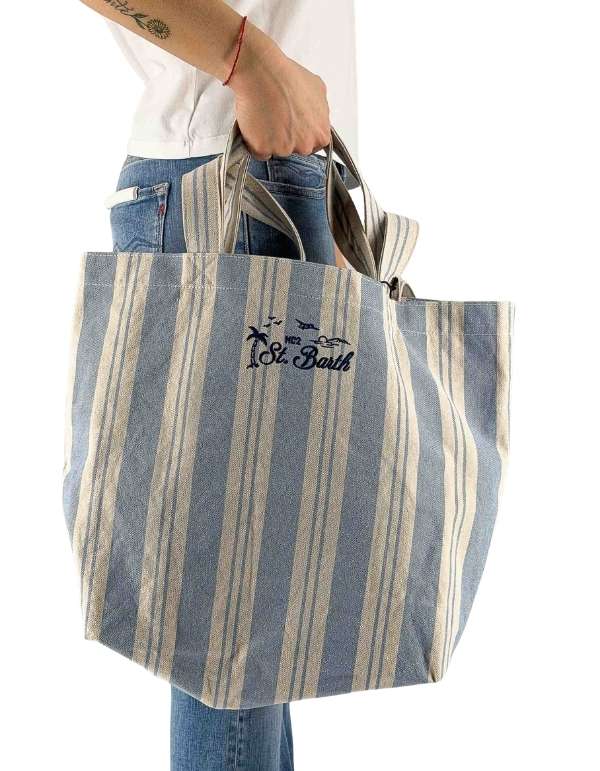 Borsa tote essential beach in cotone a righe bianche e azzurre