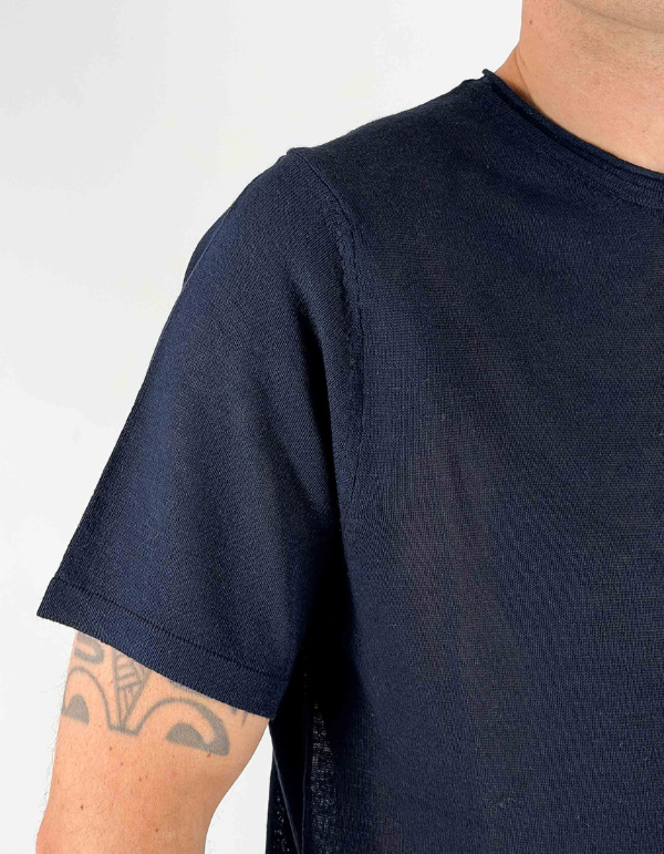T-Shirt Uomo Girocollo in Lino e Viscosa Blu