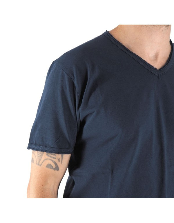 T-Shirt 100% Cotone Scollo A V Blu Navy Mosca