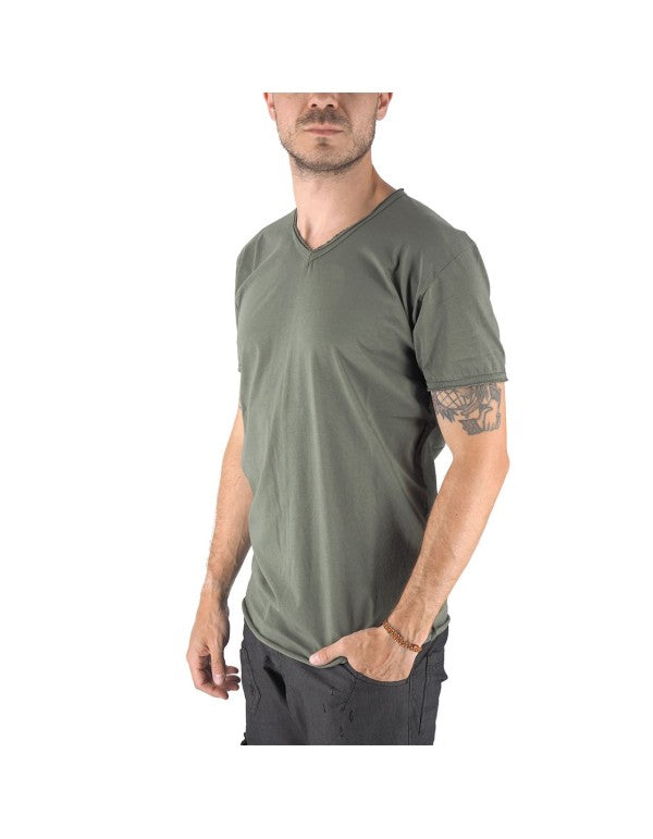 T-Shirt 100% Cotone Scollo A V Verde Mosca