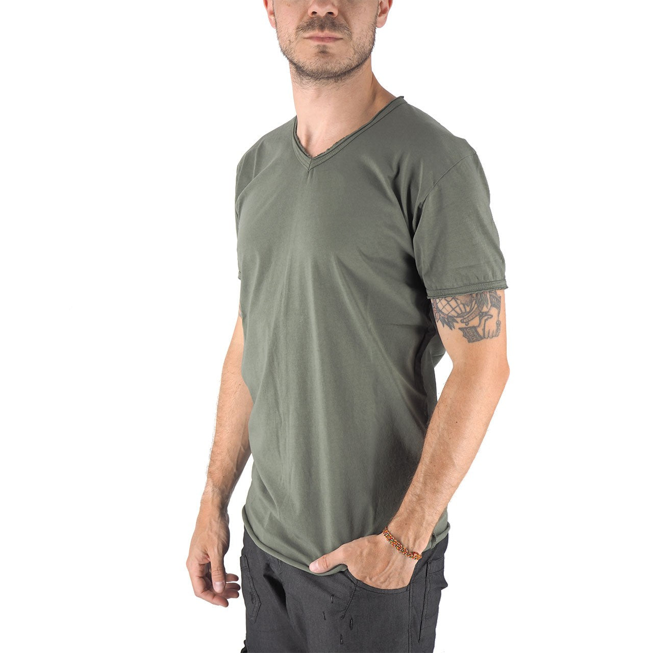 T-Shirt 100% Cotone Scollo A V Verde Mosca