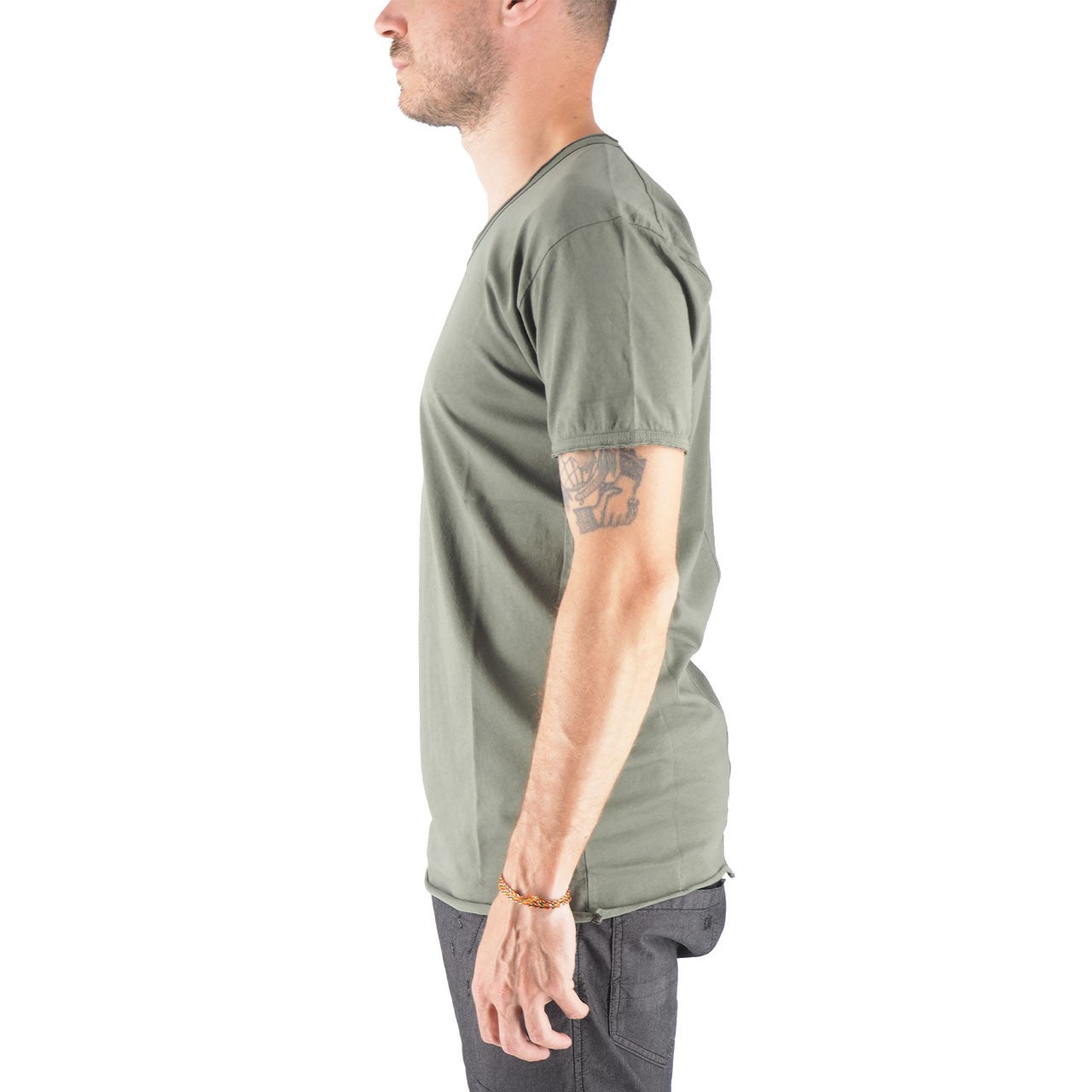 T-Shirt 100% Cotone Scollo A V Verde Mosca