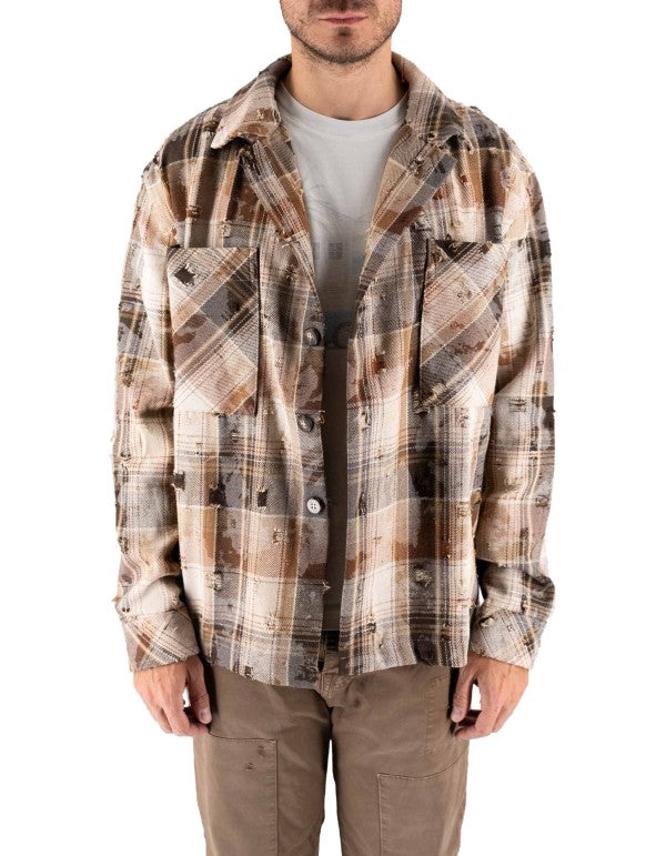Overshirt Destroyed Check Marrone