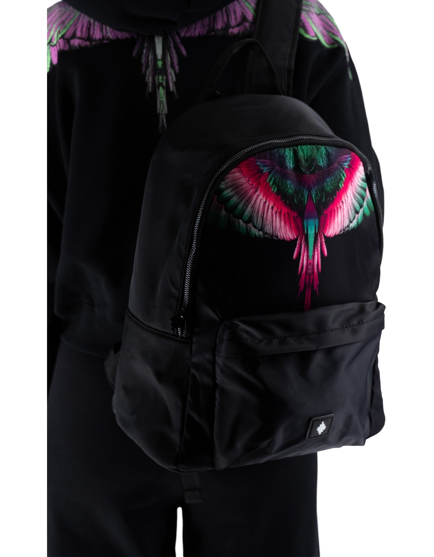Black/Pink Wings Print Nylon Backpack