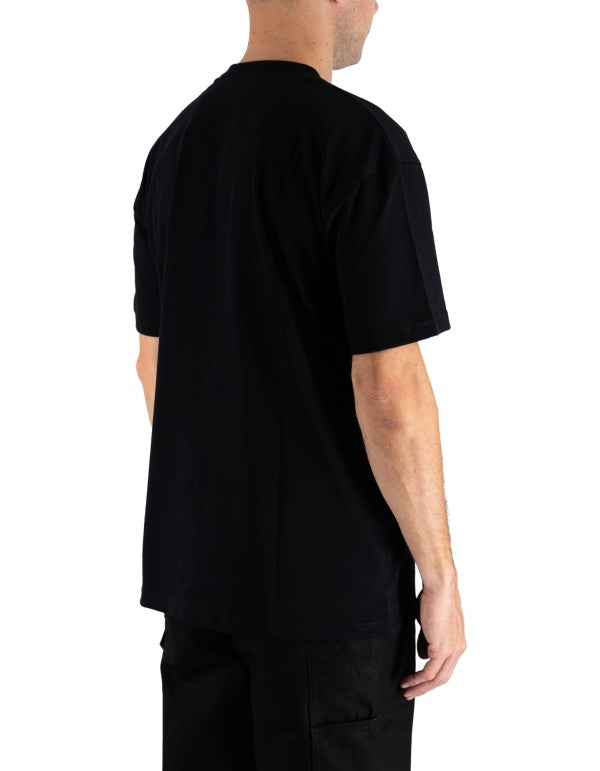 Black Tee With Embroidered Stars On The Neck And Patch On Back Nero
