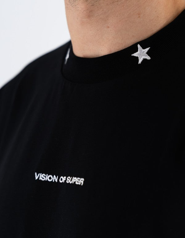 Black Tee With Embroidered Stars On The Neck And Patch On Back Black