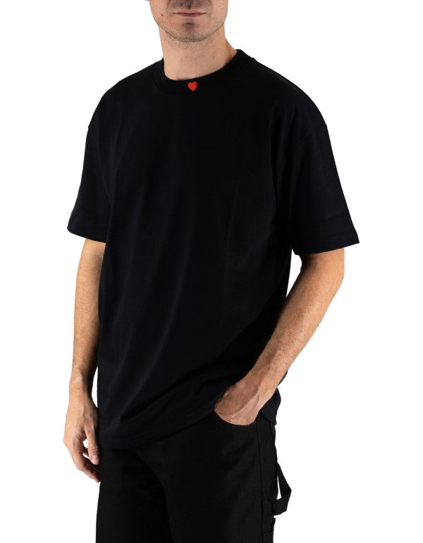 Black Tee With Embroidered Full Hearth On The Neck And Patch On Back Black