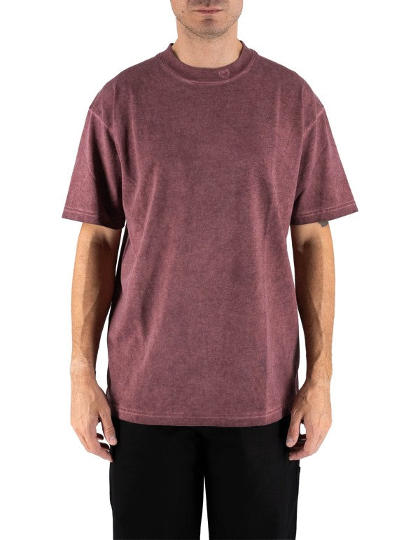 Stone Wash Red Tee With Embroidered Hearth On The Neck And Patch On Back Stone Wash