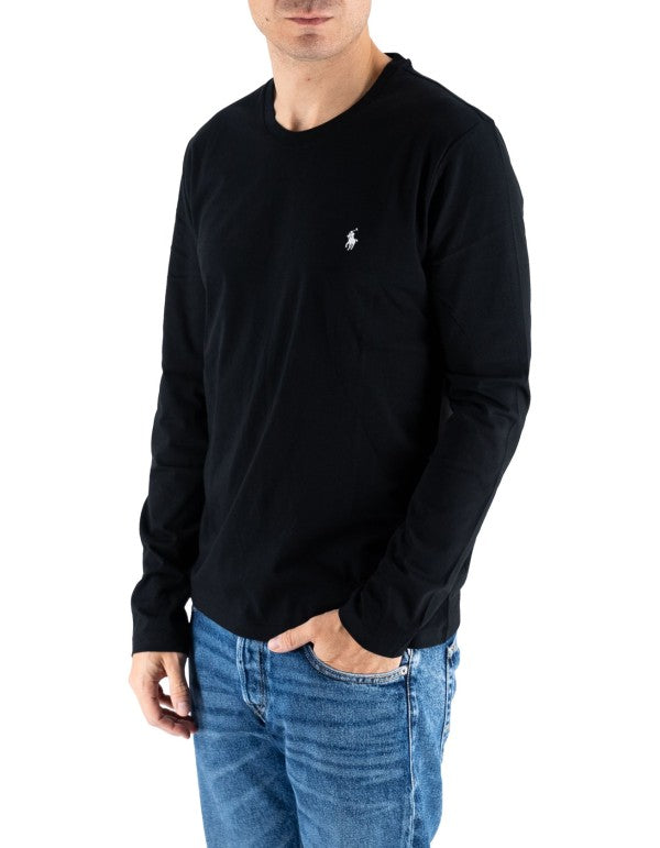 Ralph Lauren Men's Black Long Sleeve T-Shirt with White Embroidered Logo