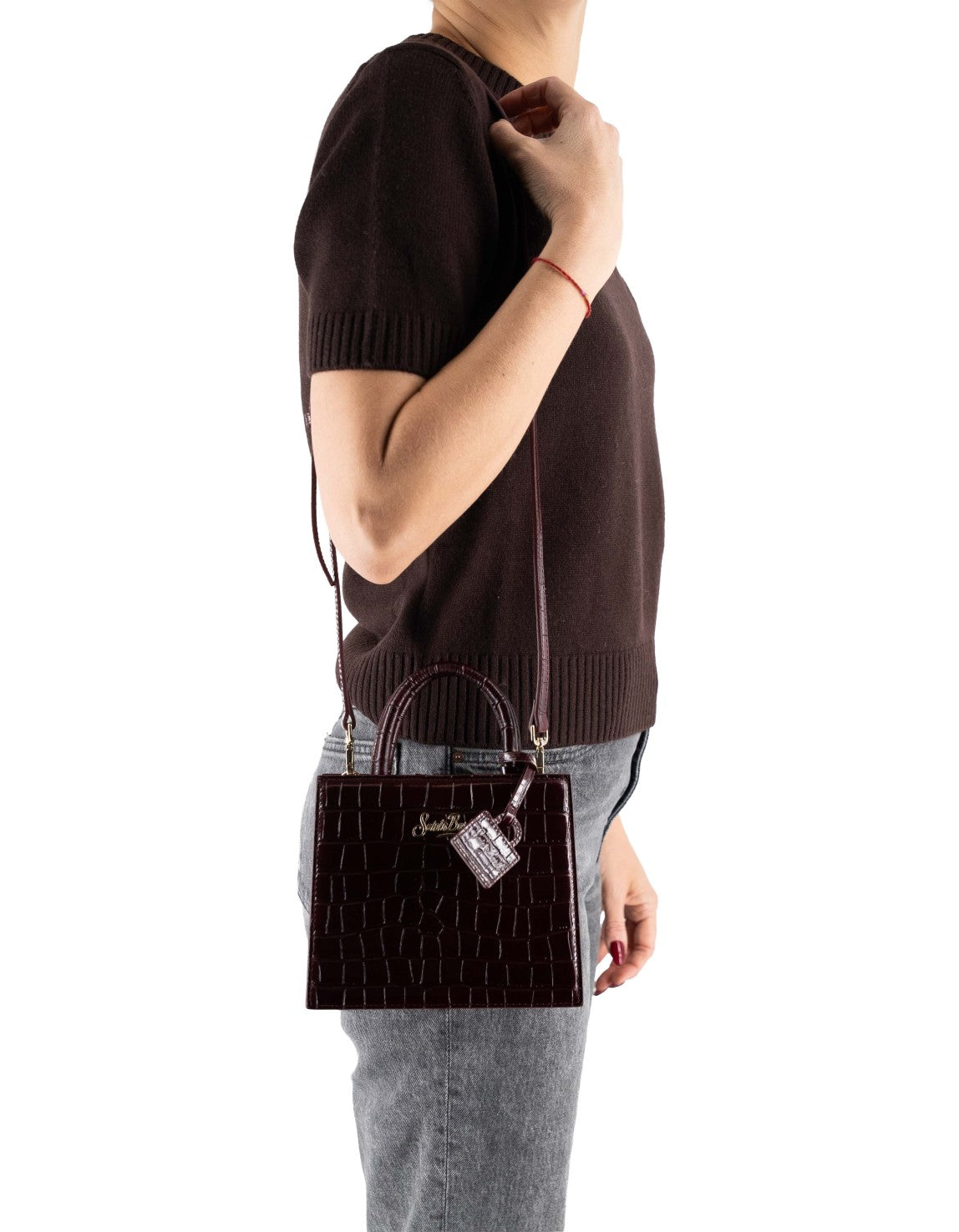 Mini Shop Bag in Burgundy Crocodile Print Leather