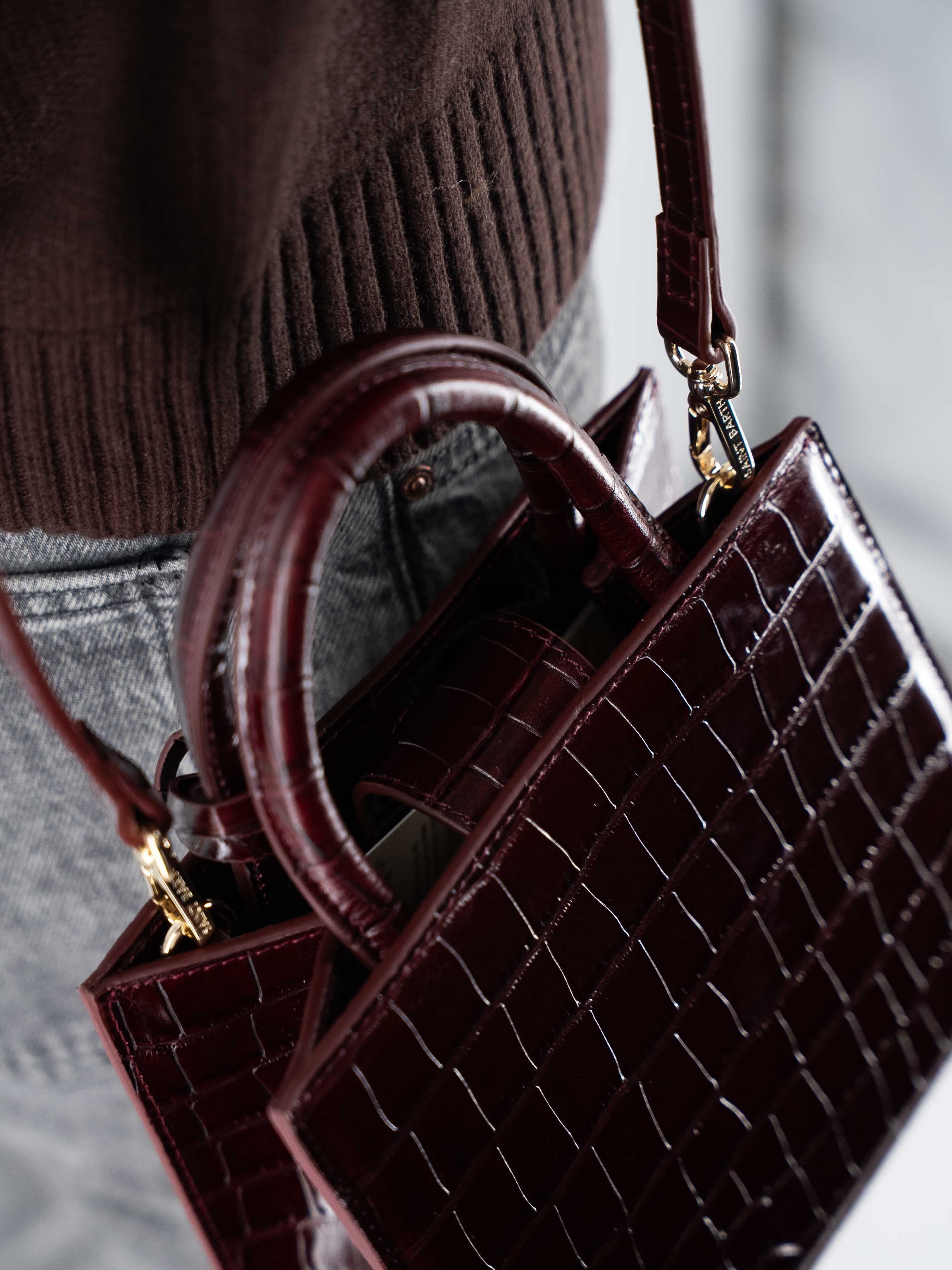Mini Shop Bag in Burgundy Crocodile Print Leather