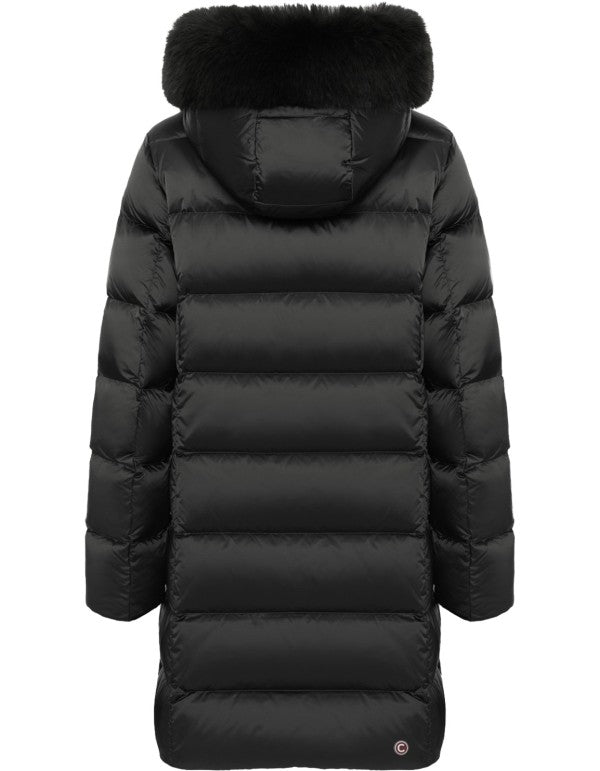 Piumino Lungo Con Cappuccio Eco Fur Nero