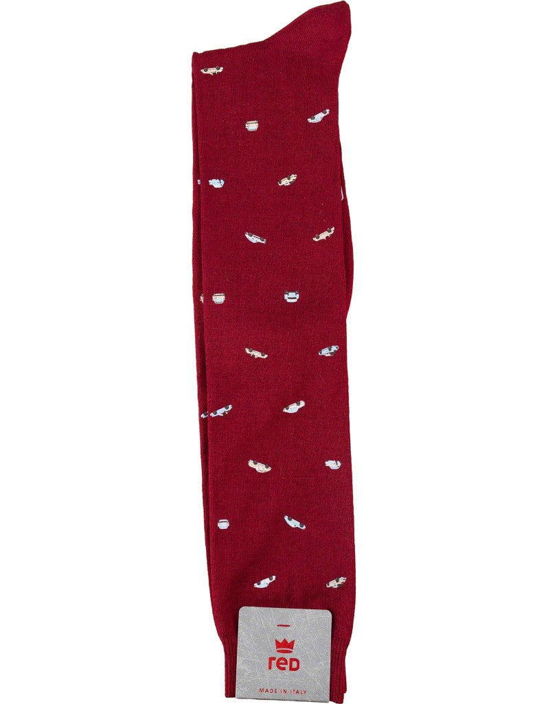 Men's Long Socks with Fast Car Print in Ruby