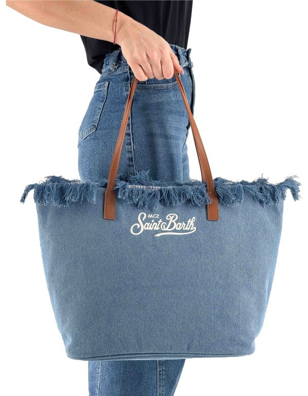 Borsa In Canvas Con Frange City Bag Fringe Denim Emb