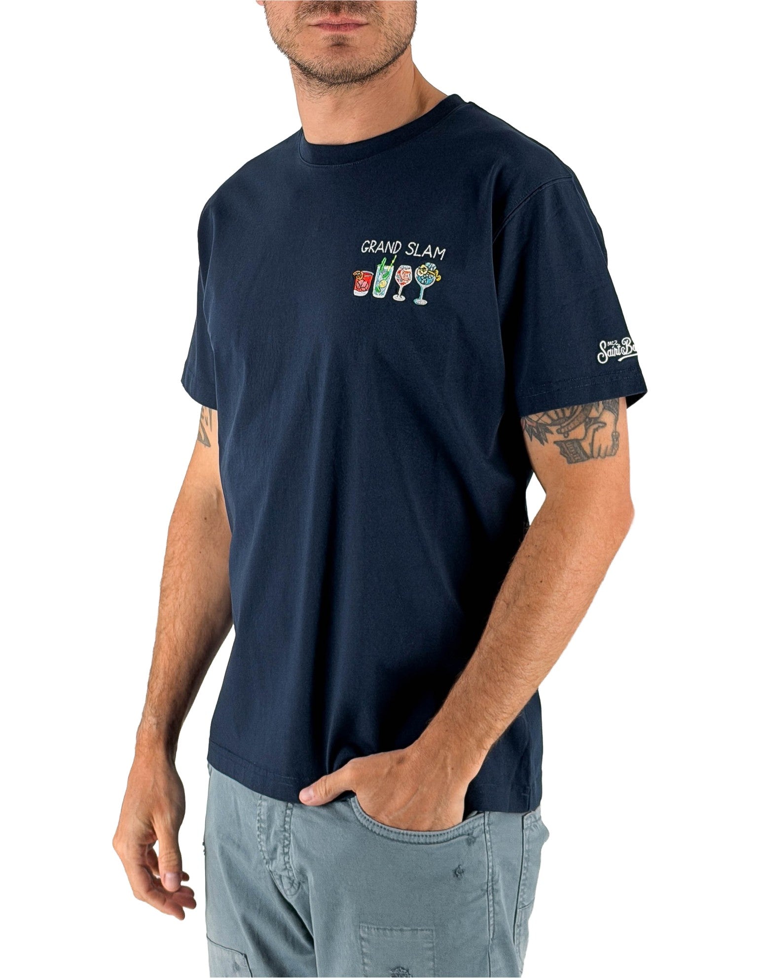 Men's Blue Crew Neck T-Shirt with Grand Slam Embroidery