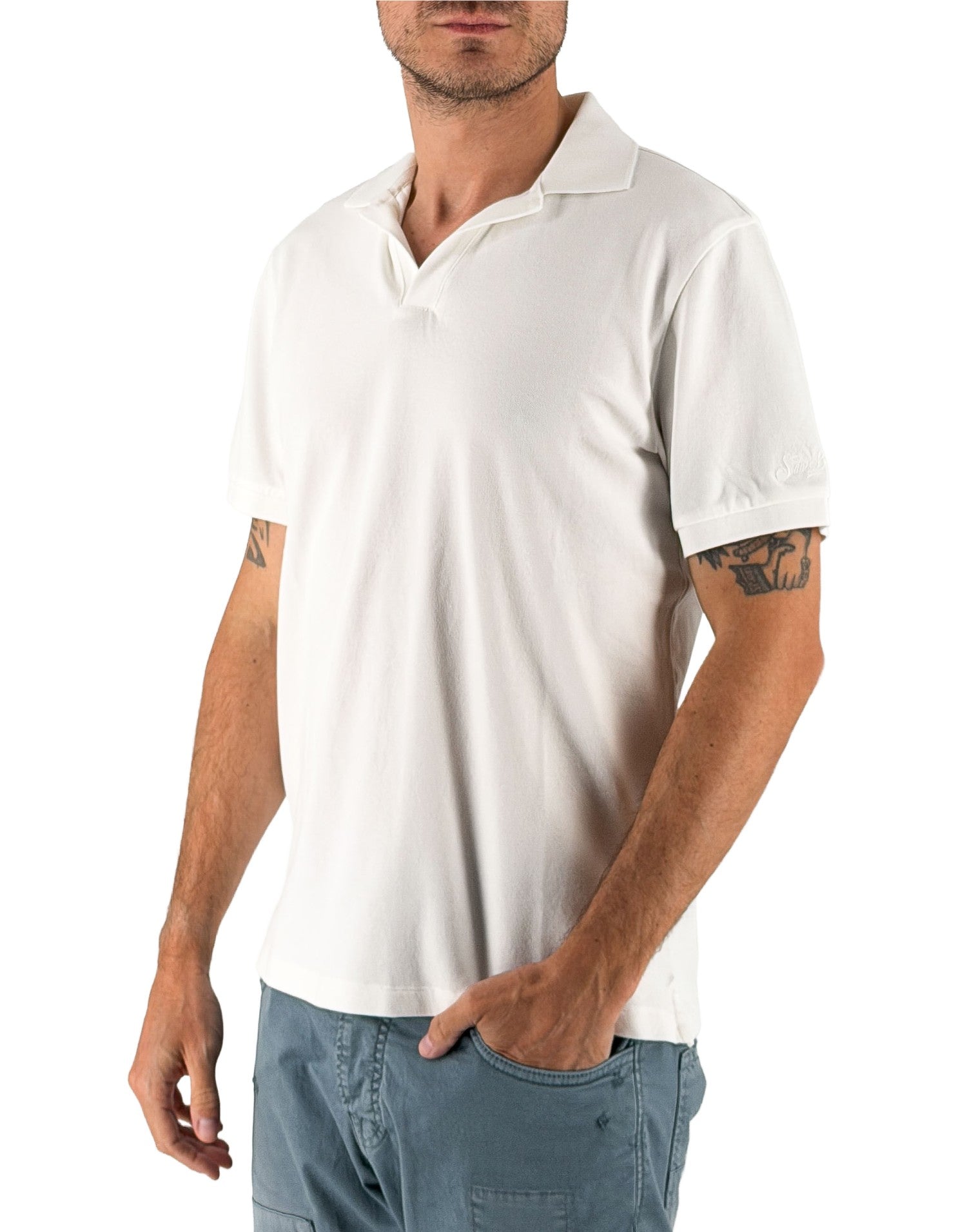 Men's White Charles Pique Polo Shirt with Sleeve Embroidery