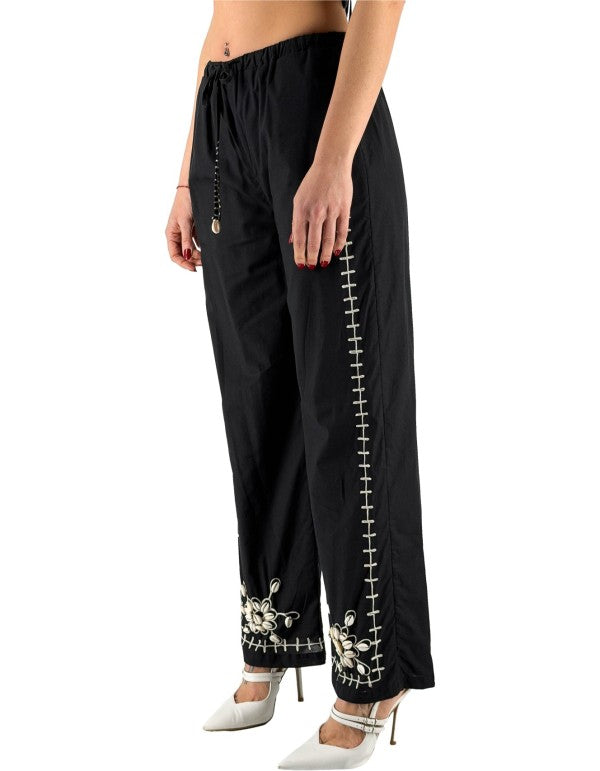 Black Trousers with Embroidery and Shells