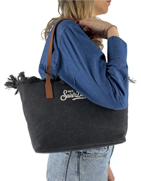 Borsa City Bag Mid Fringe Canvas Nero