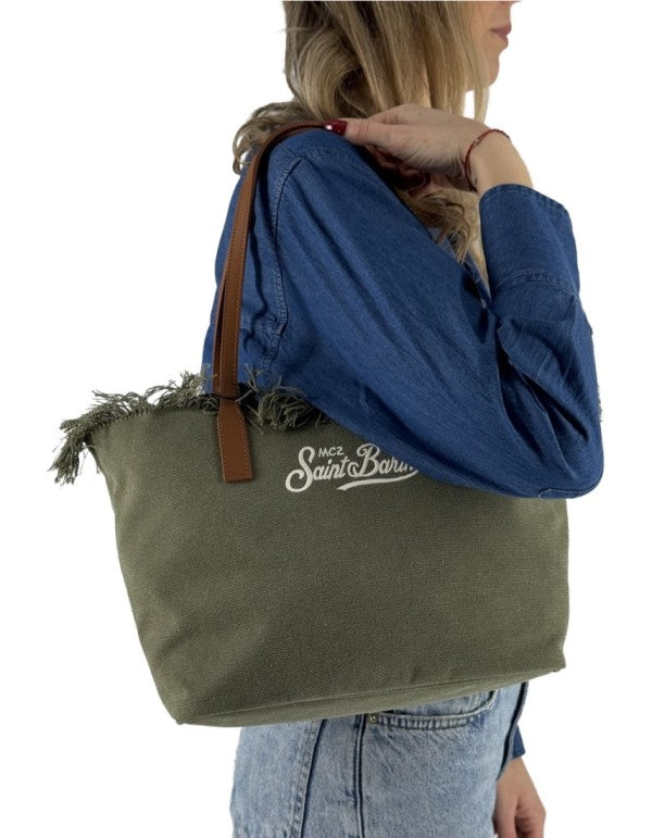 Borsa City Bag Mid Fringe Canvas Verde