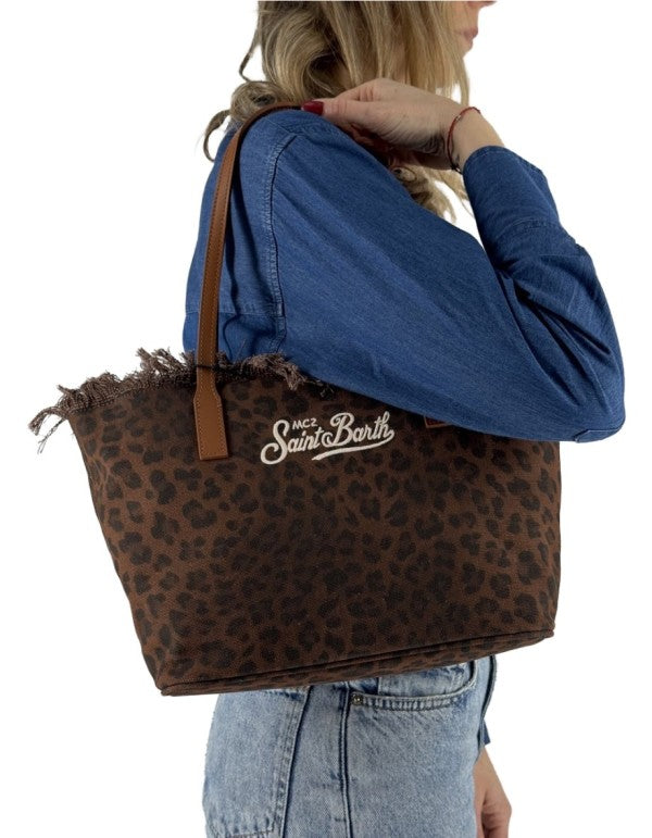 Borsa City Bag Mid Fringe Canvas Dark Leopard