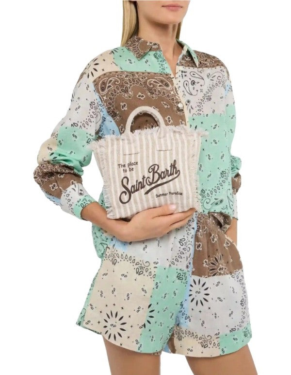 Mini Vanity Bag in Beige Striped Linen V 11