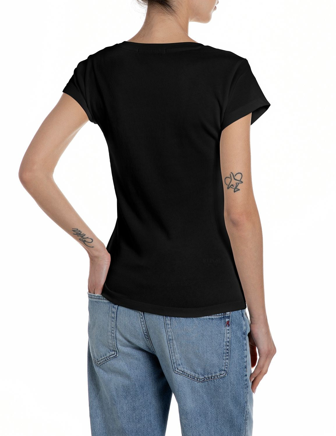 T-shirt Donna Slim Fit Nera Scollo V Cotone Stampa Bianca