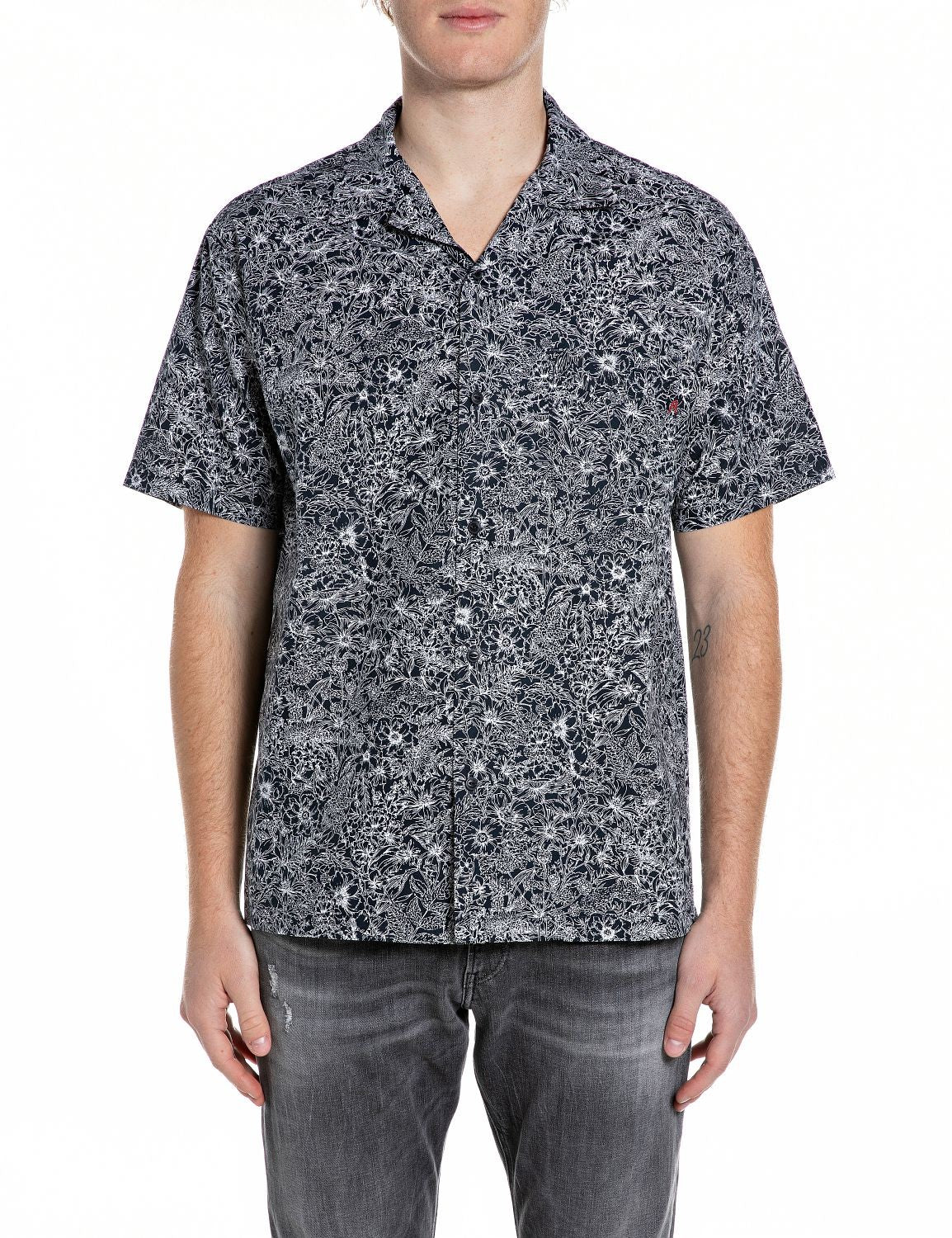 Camicia Uomo Blu Relaxed Fit Stampa Floreale Cotone