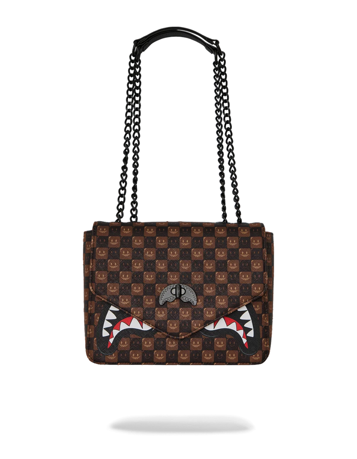 Borsa a tracolla DevidLabel Sprayground marrone a scacchi con iconico motivo squalo e catena nera