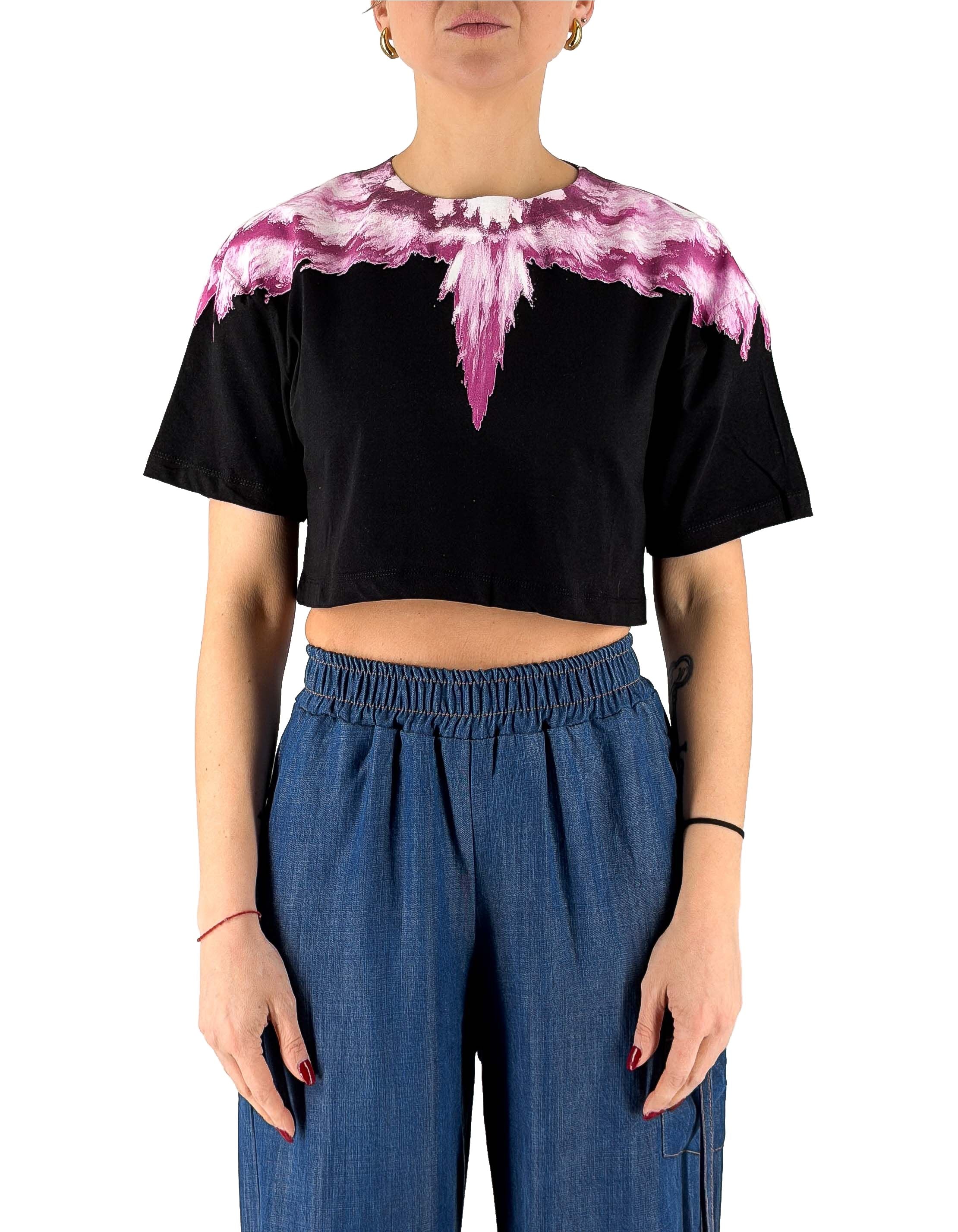 Black Jersey Crop T-shirt Wings Pink Explosion