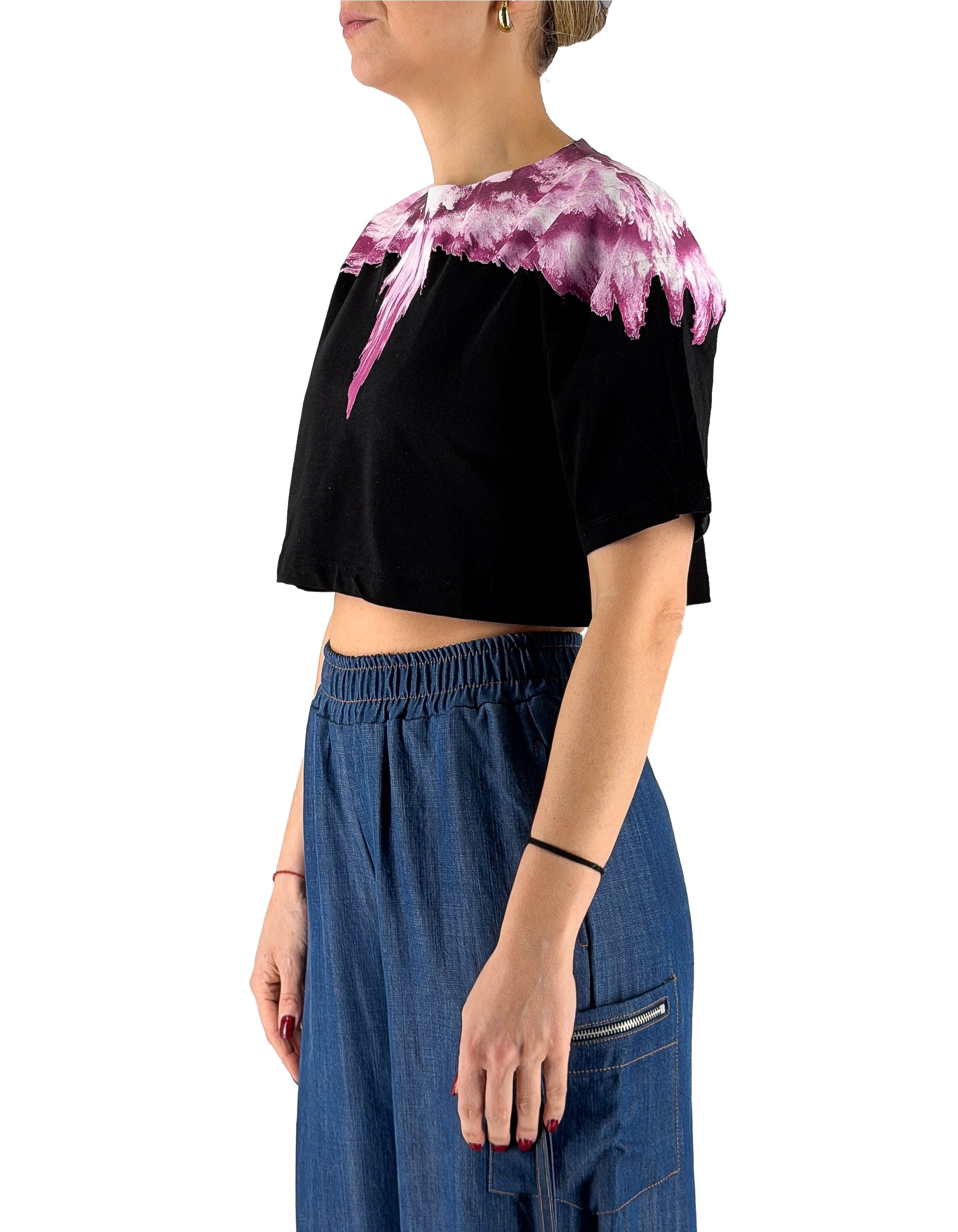 Black Jersey Crop T-shirt Wings Pink Explosion