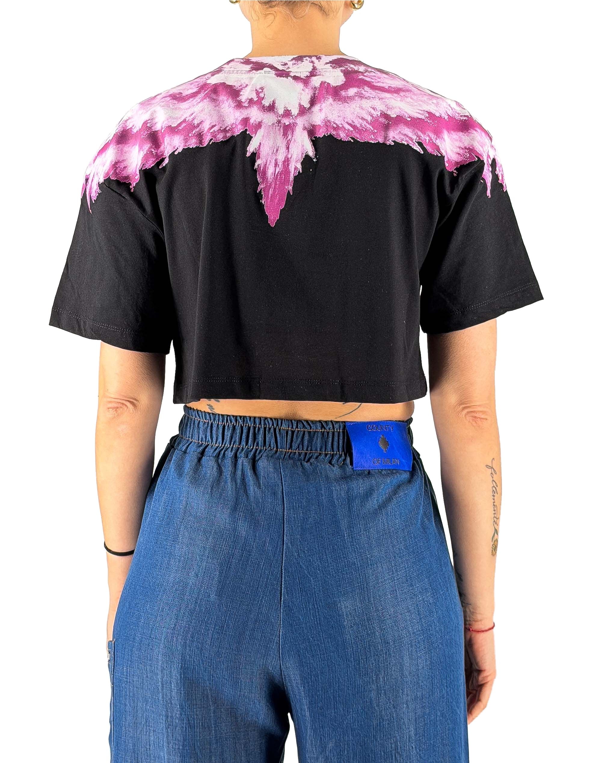 Black Jersey Crop T-shirt Wings Pink Explosion