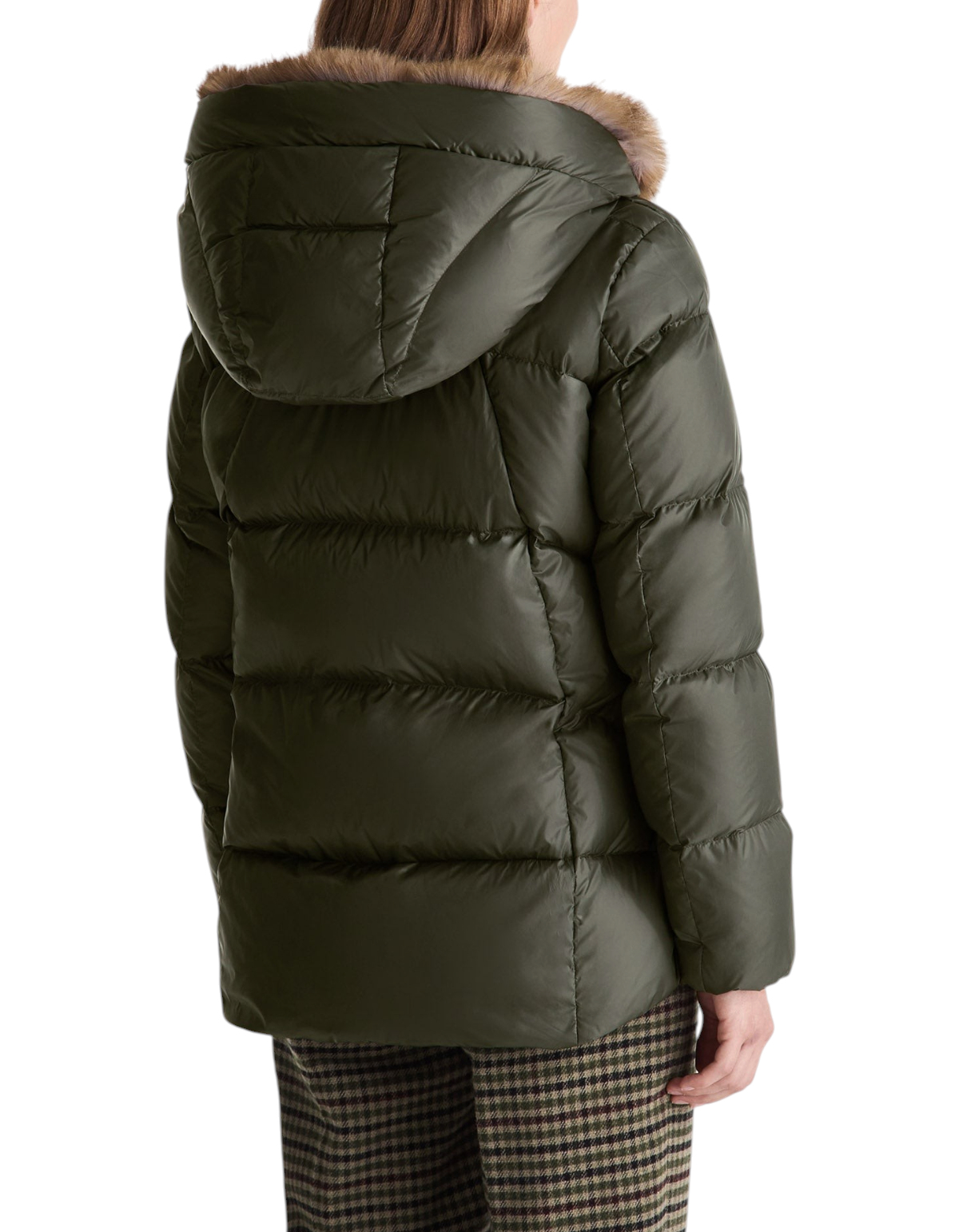 Piumino corto da donna DevidLabel Vertis MQN color verde edera con cappuccio e dettaglio in ecofur, vista posteriore