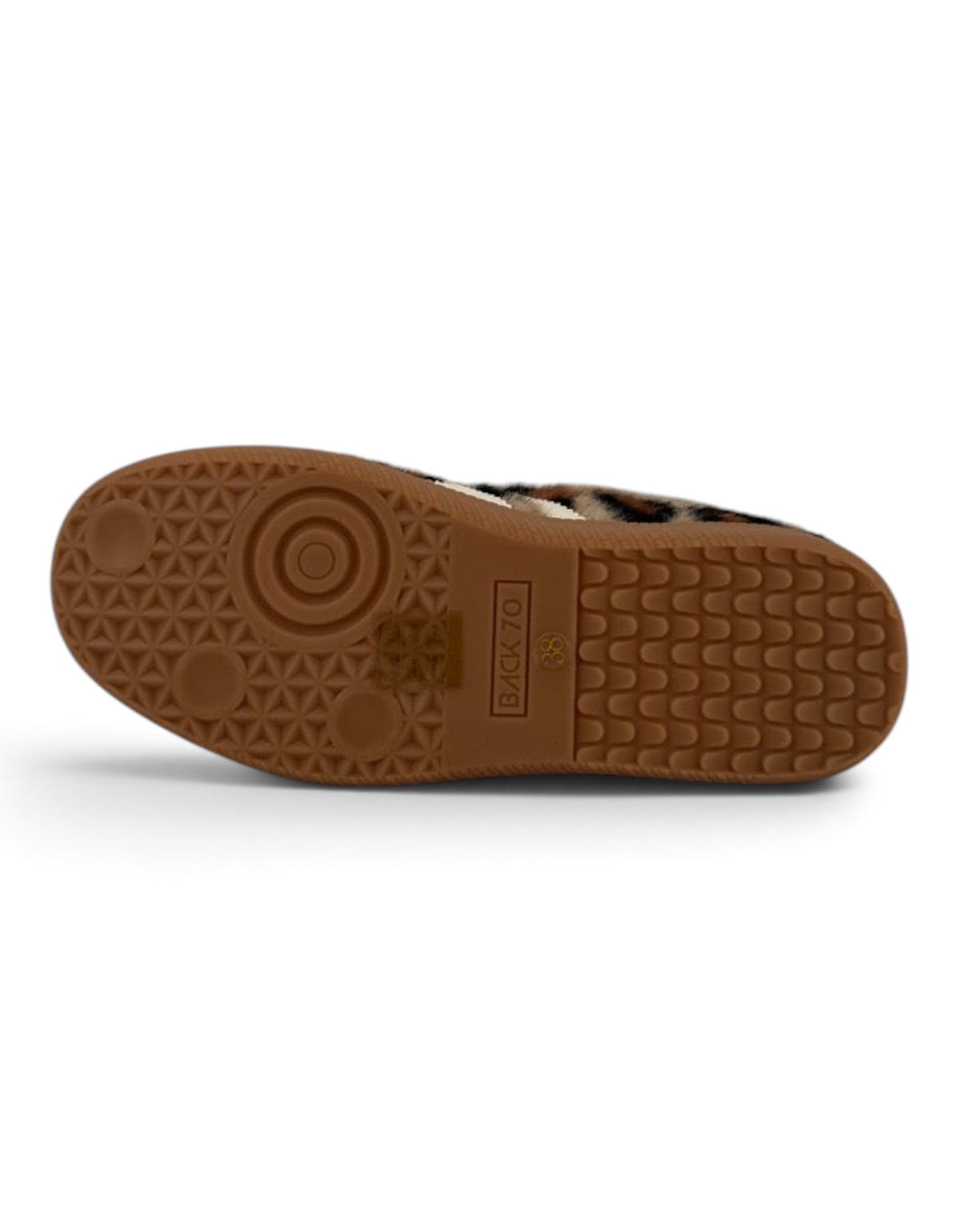 Suola in gomma color caramello della sneaker Back70 Mohair Leo di DevidLabel con motivo animalier visibile