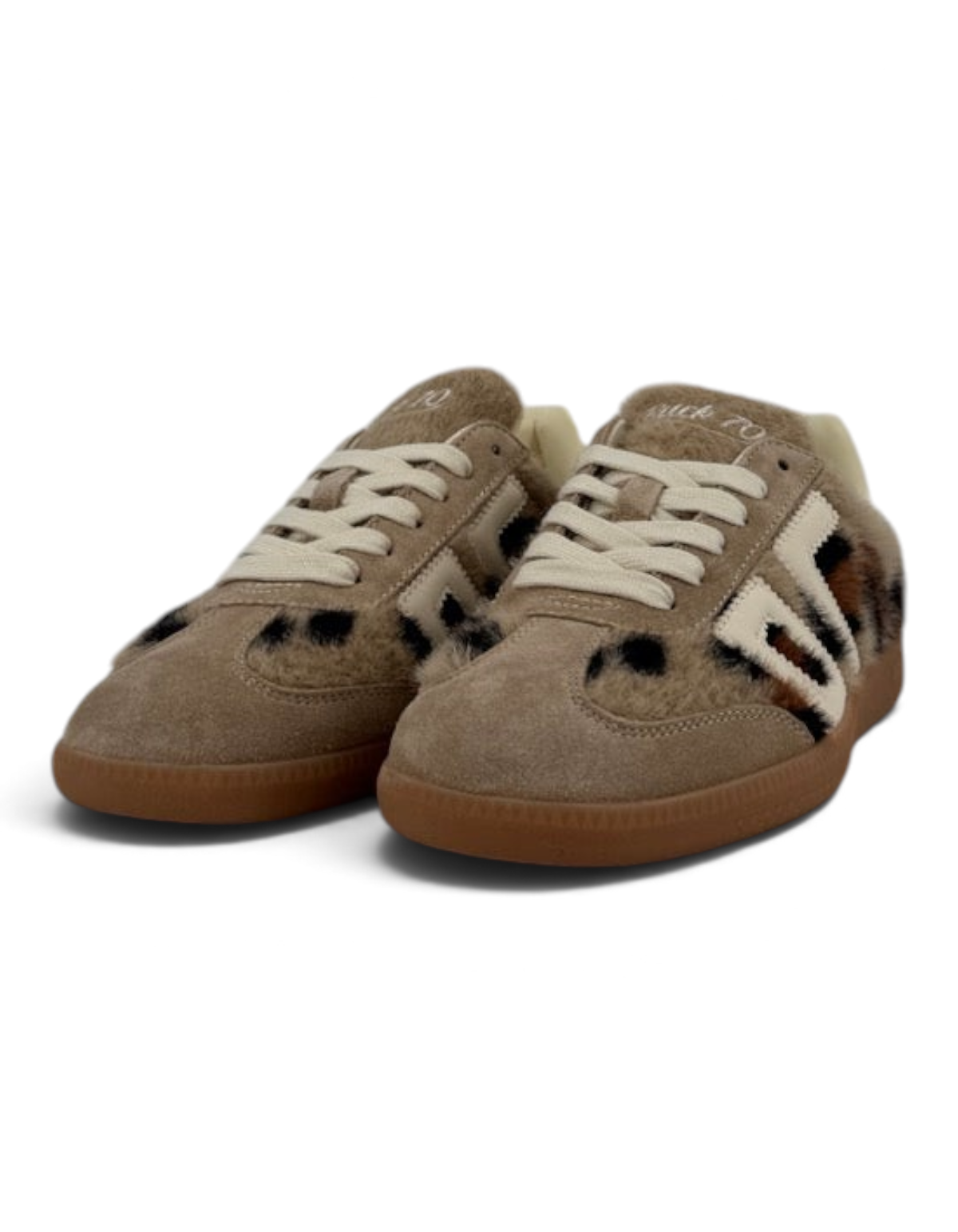 Sneakers donna Back70 Mohair Leo color camel e burro con dettagli animalier, suola in gomma e lacci chiari