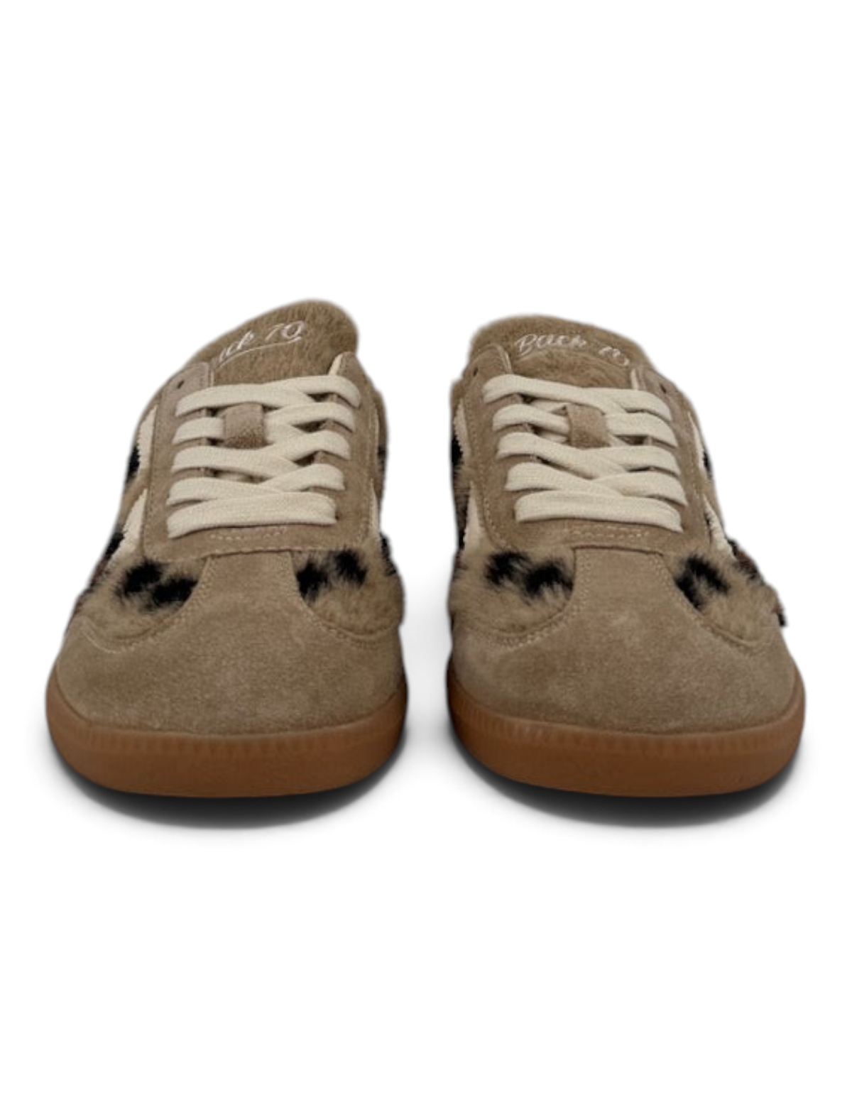Sneakers donna Back70 Mohair in camoscio color camel e butter con dettagli animalier leopardati e lacci chiari