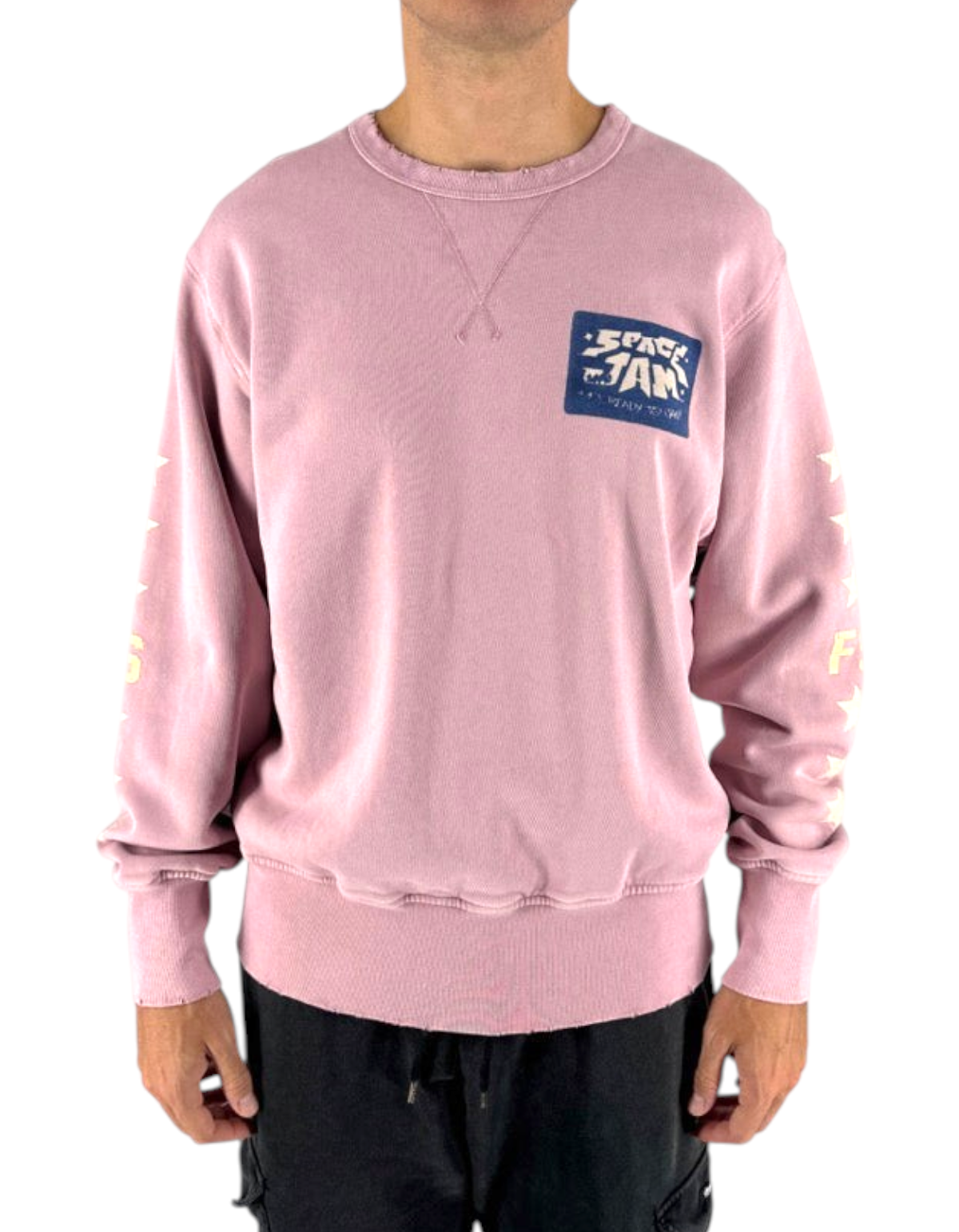 Modello indossa felpa girocollo rosa DevidLabel con grafica Space Jam sul petto e dettagli sulle maniche
