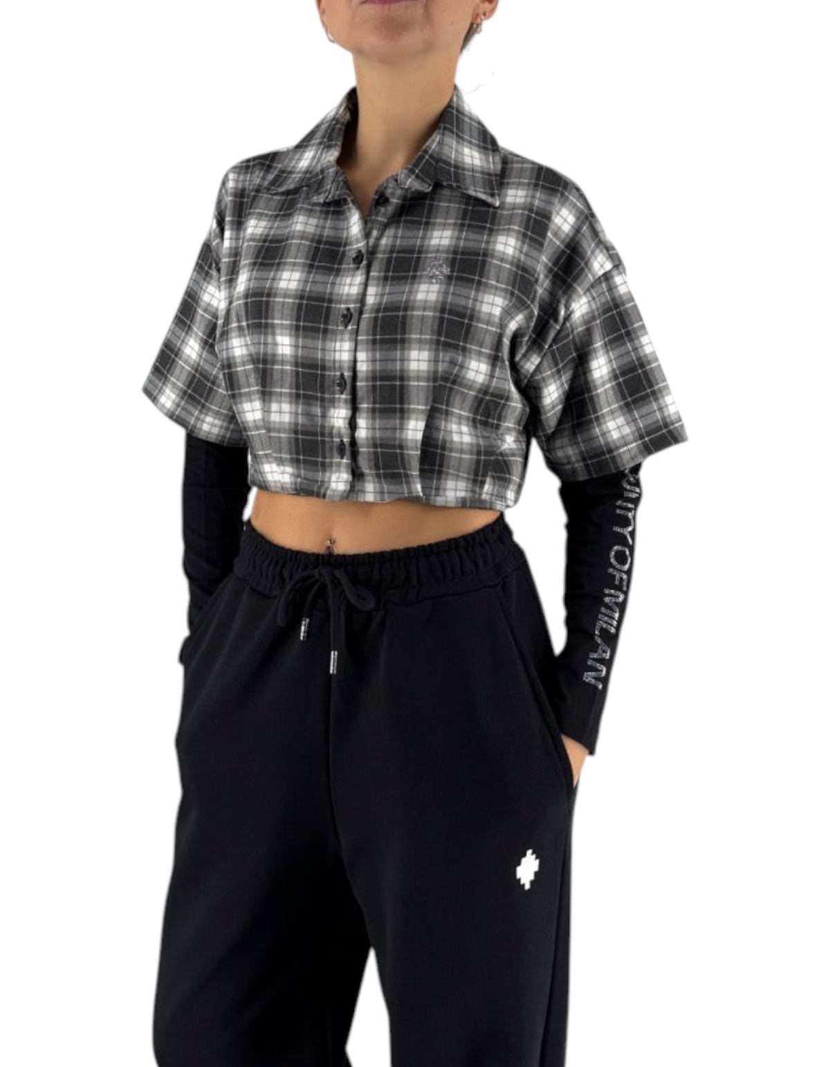 Camicia crop DevidLabel Marcelo Burlon - County Of Milan in flanella a quadri bianco e nero con maniche in jersey