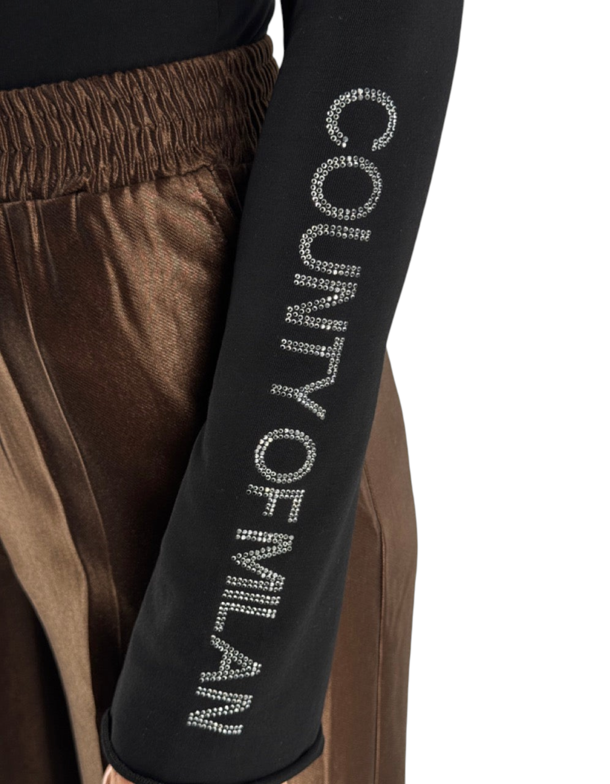 Body nero in jersey stretch DevidLabel con logo County of Milan in strass sulla manica lunga