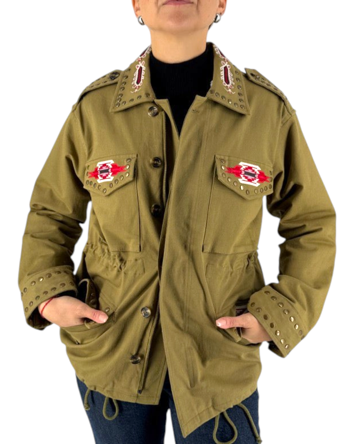 Front Street Field Jacket donna verde oliva con borchie e ricami - vista frontale