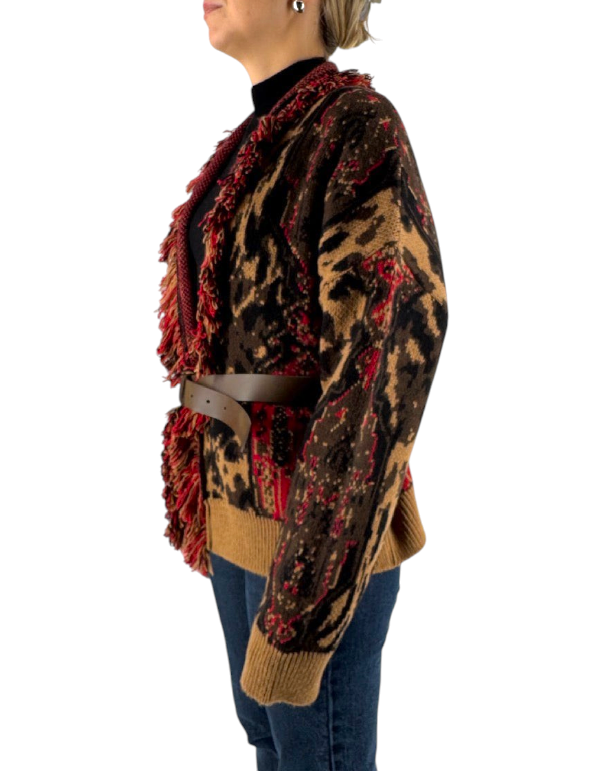 Front Street Cardigan Jacquard leopardato con cintura - vista laterale