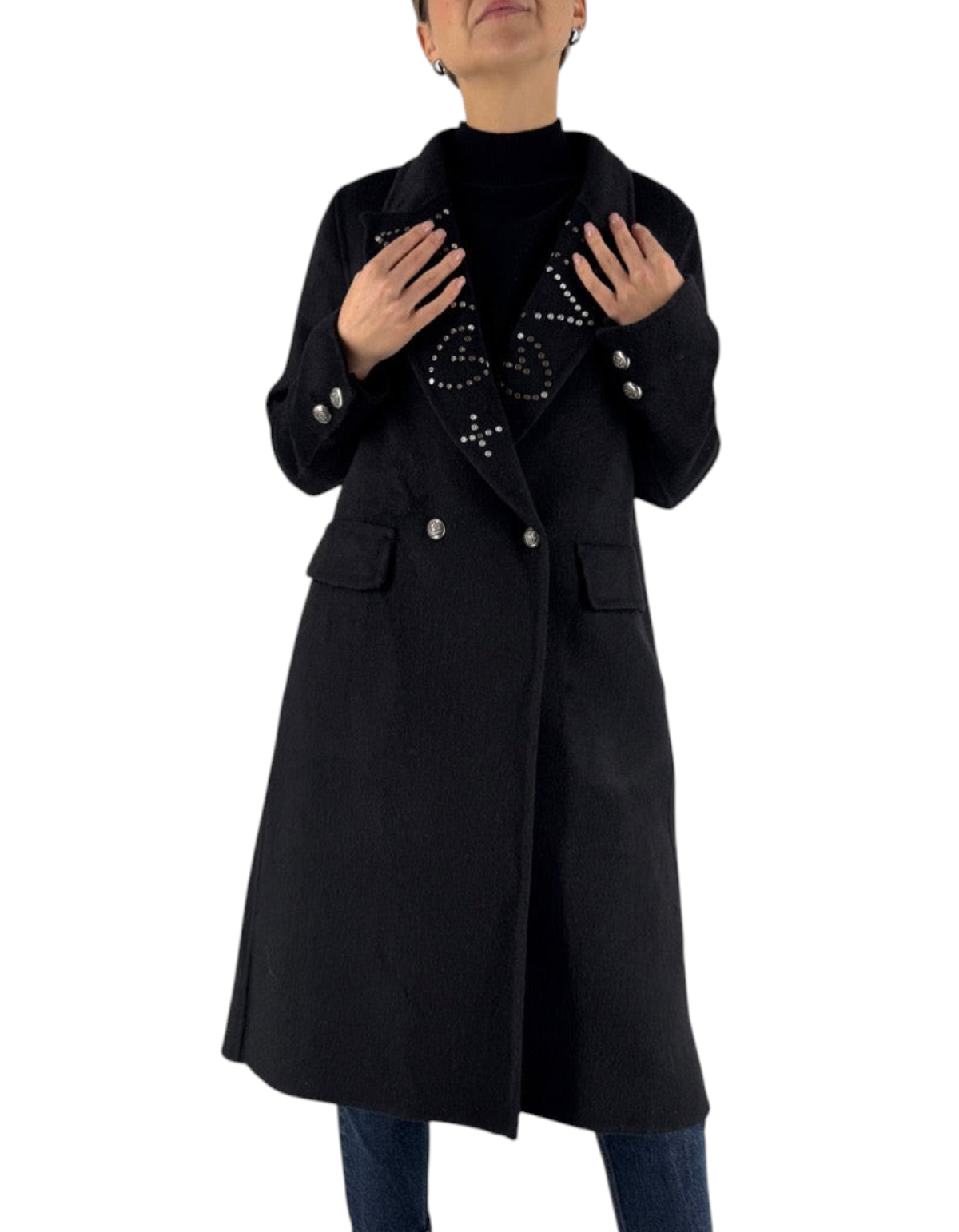 Front Street Cappotto Handmade donna in lana antracite con borchie - vista frontale