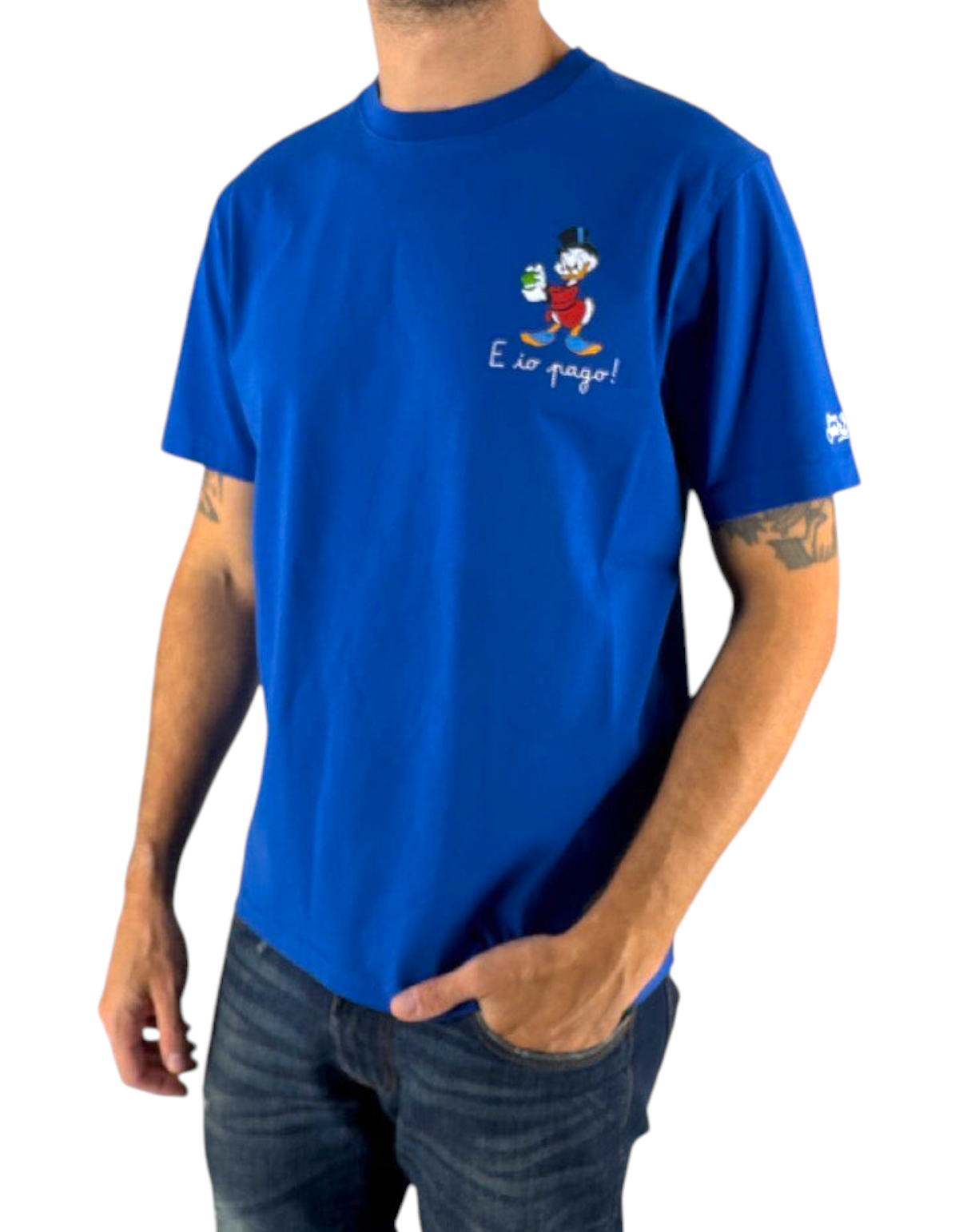 T-shirt uomo DevidLabel MC2 Saint Barth blu in cotone con stampa di Paperon de' Paperoni e scritta E io pago