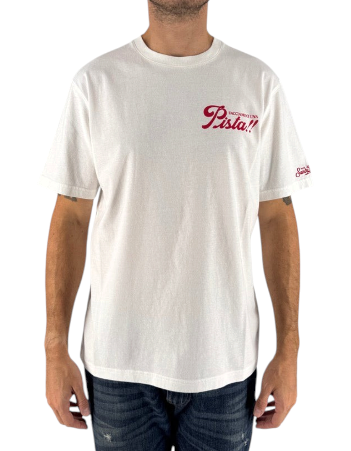 T-shirt uomo DevidLabel Arnott Warm bianca in cotone con scritta rossa Facciamoci Pista sul petto