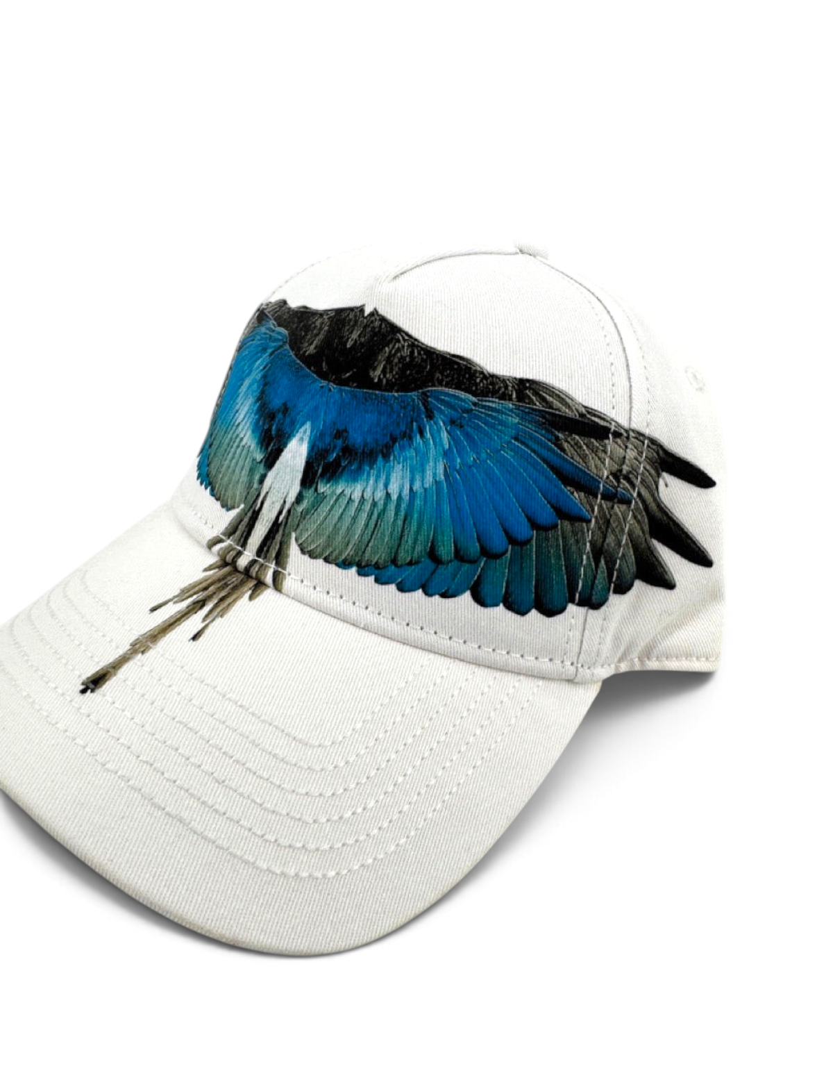 Cappellino baseball DevidLabel in cotone bianco con stampa ali turchesi e nere, modello N0011 unisex