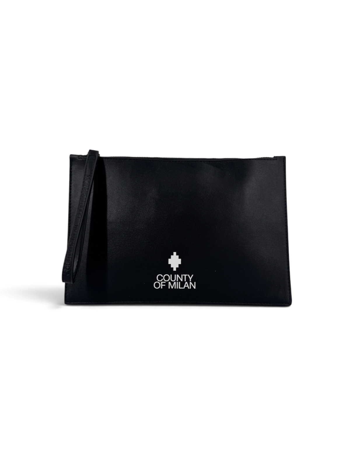 Pochette DevidLabel Marcelo Burlon - County Of Milan in pelle nera con logo bianco e cinturino da polso