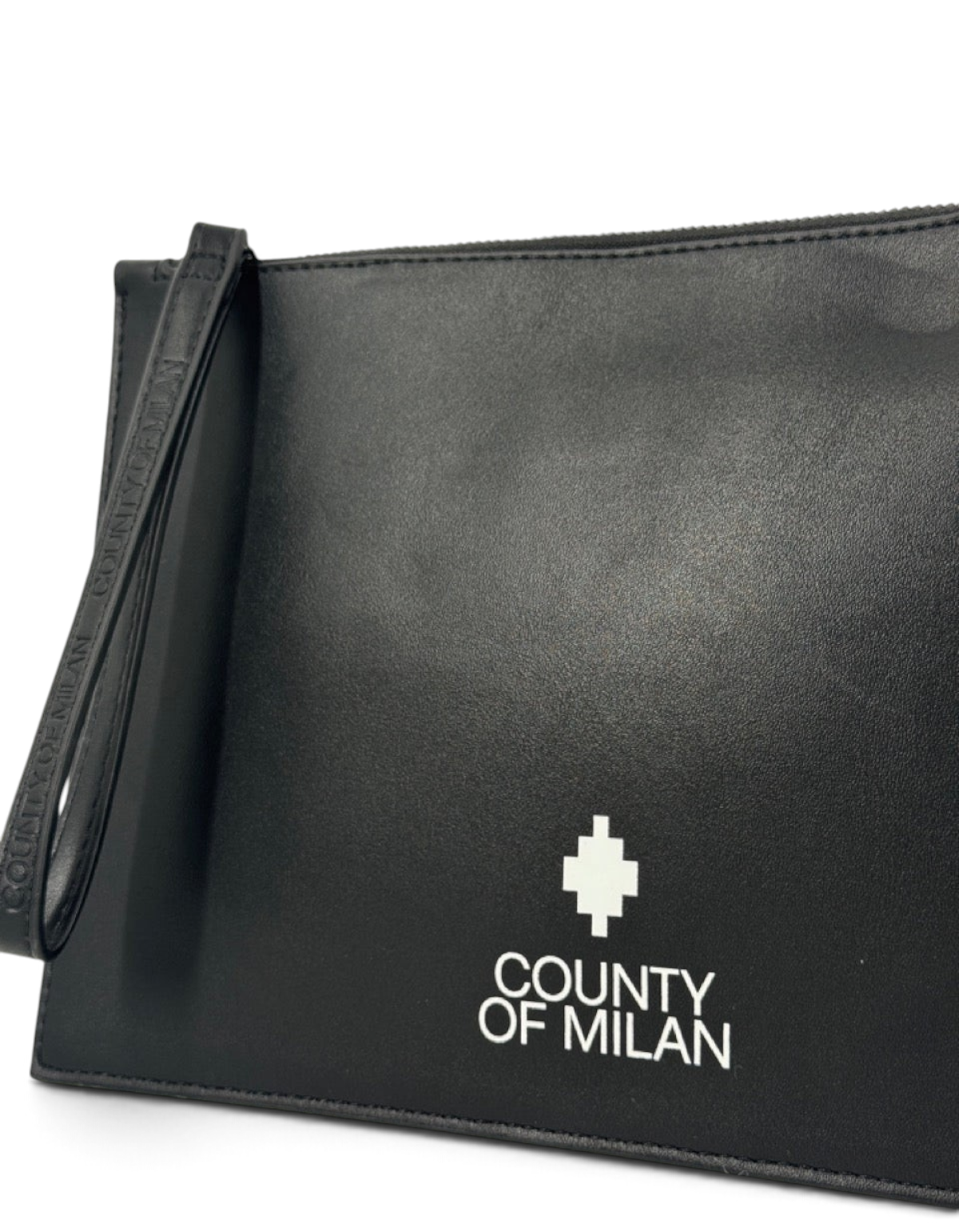 Pochette DevidLabel Marcelo Burlon - County Of Milan in pelle nera con logo bianco e cinturino da polso