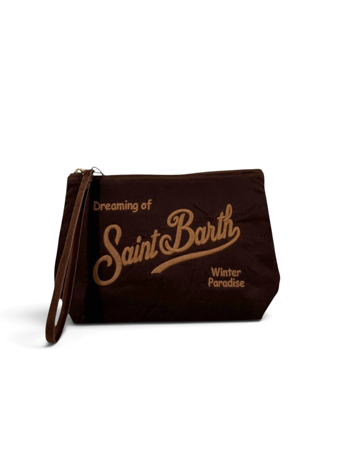 Pochette DevidLabel Aline Wax marrone con logo Saint Barth ricamato e chiusura con zip