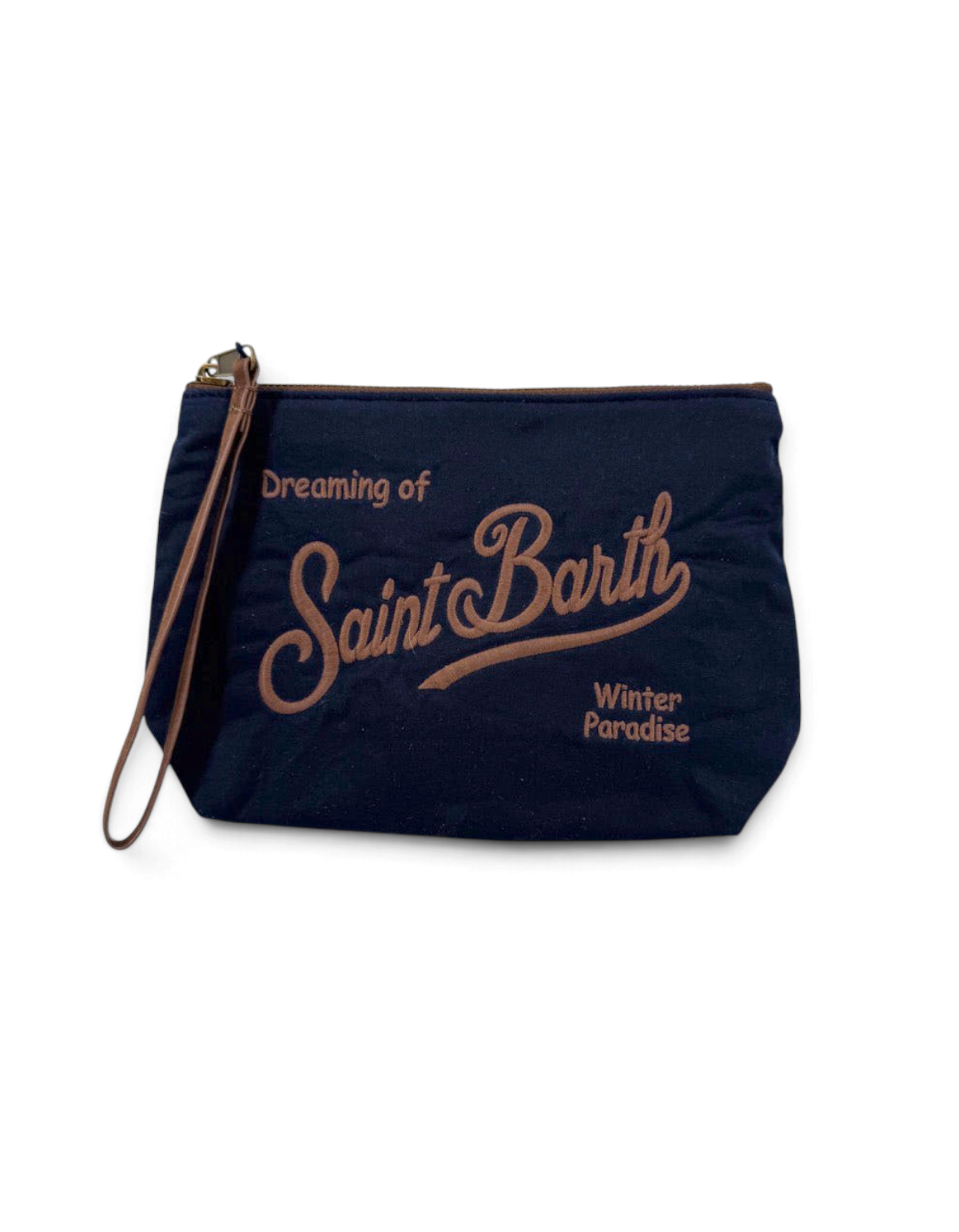 Pochette DevidLabel Aline Wax blu scuro con logo Saint Barth ricamato e pratico cinturino da polso